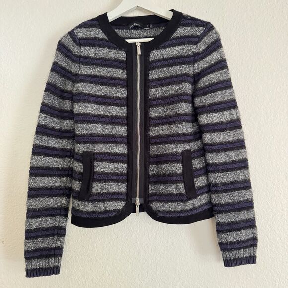 Karen Millen Cardigan Sz 4 Gray Black Blue Striped Cotton Mohair Blend Zip Pocke - Picture 3 of 11